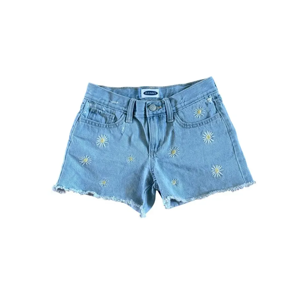 NWOT Girls 10 Old Navy Light Blue Jean Denim Shorts Embroidered Daisy Flowers